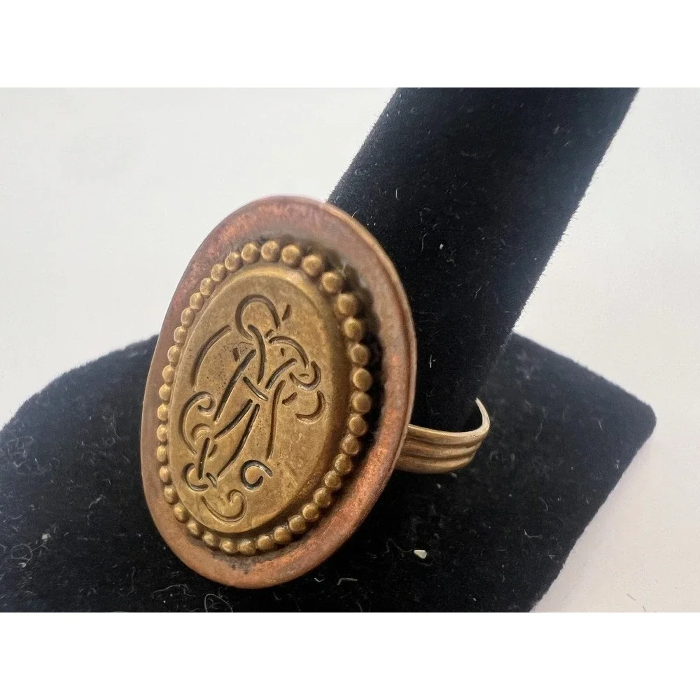 Copper Brass Ring‎ Signet Style Rustic Boho Medieval Adjustable Artisan Earthy